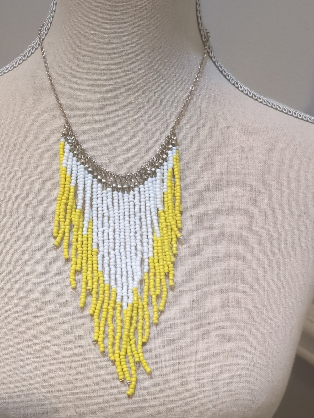 Beaded Fringe Bib Necklace - Yellow & White - Boho